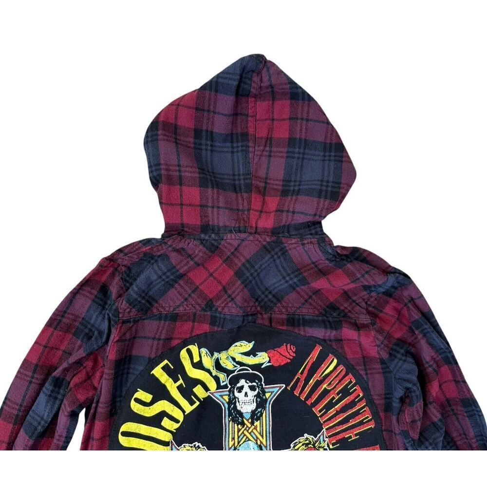 GUNS ‘N ROSES 80s Rock Retro Vintage Upcycled Plaid Hooded Flannel Kids Shirt M - Picture 7 of 11